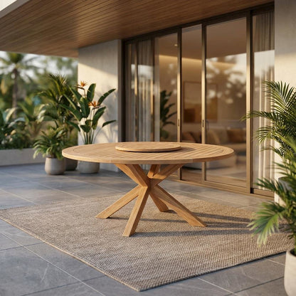 Natural Teak Outdoor Round Dining Table, Lazy Susan, Seats 6