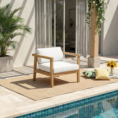 Outdoor Patio Teak Armchair With Cushioned Seating And Comfortable Back Support