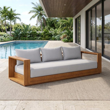 Outdoor Patio Acacia Wood Sofa with Armrests and Comfortable Backrest