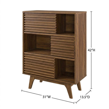 Mid-Century Modern Three-Tier Display Cabinet with Bookshelf Storage, Walnut