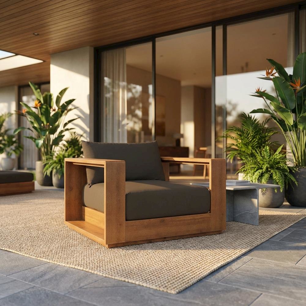 Outdoor Patio Acacia Wood Lounge Chair with Armrests and Comfort Seat