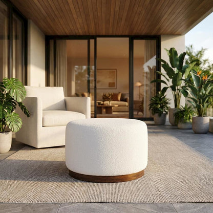 Round Boucle Upholstered Ottoman For Outdoor Lounge And Seating