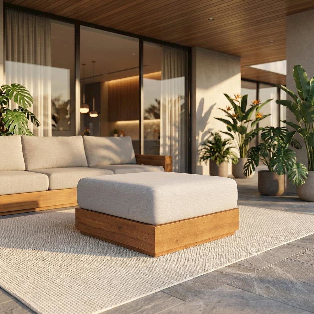 Outdoor Patio Ottoman with Acacia Wood Top and Stylish Design