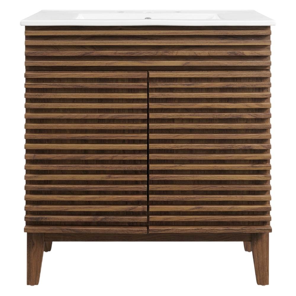 Walnut White 30-Inch Floor-Mount Bathroom Vanity Cabinet with Sink
