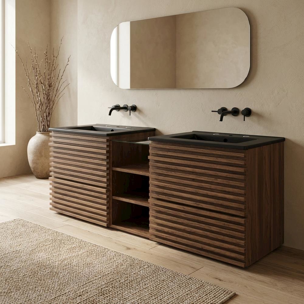 Walnut Black 62-Inch Wall-Mount Double Sink Bathroom Vanity