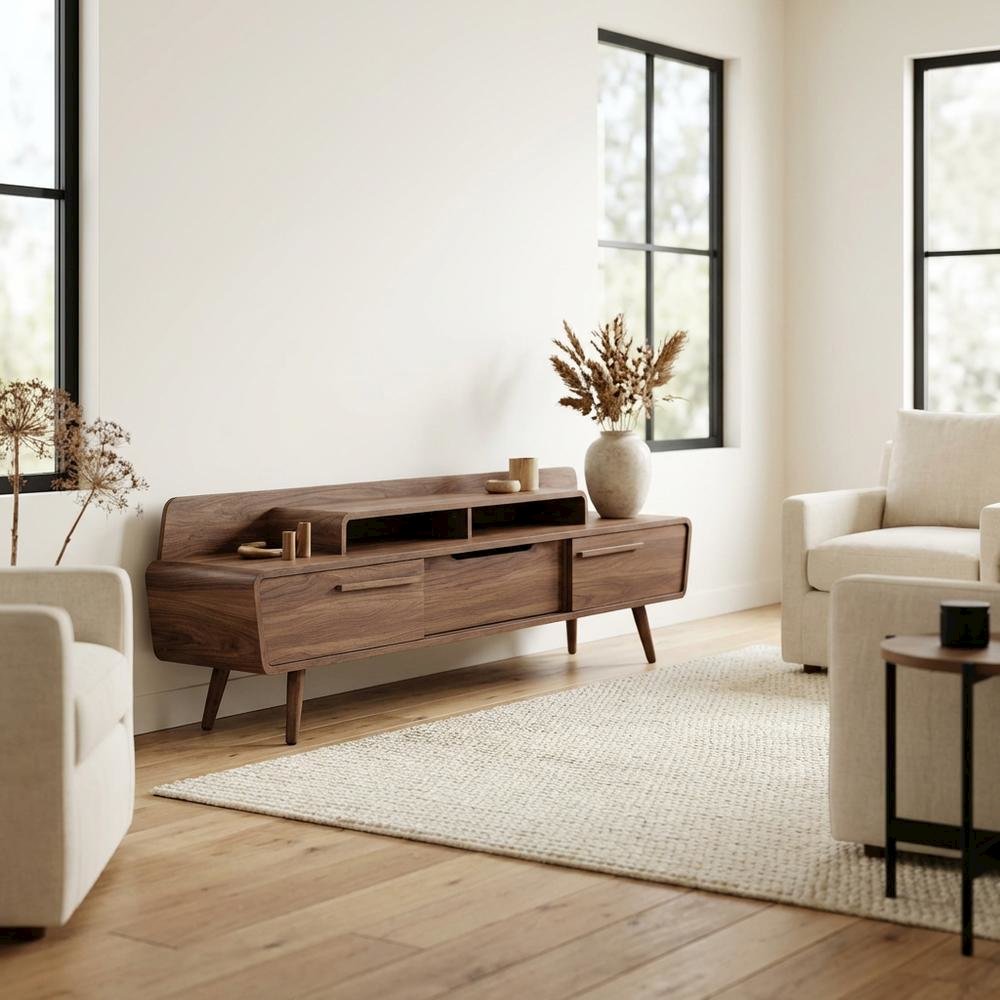 Brown wood TV stand with spacious surface and sturdy design