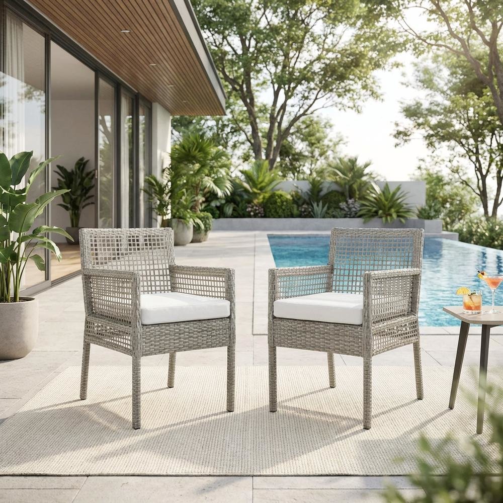 Outdoor Patio Wicker Rattan Dining Armchair Set Of 2, Cushioned Seat, Armrests