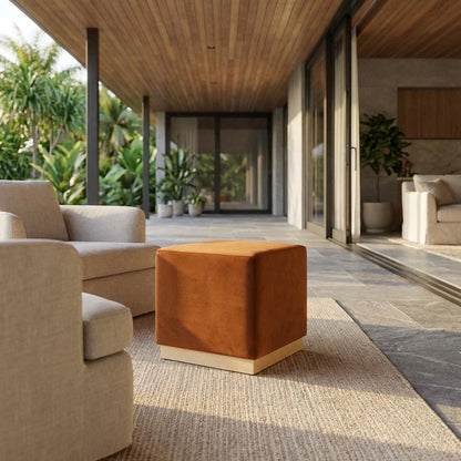 Square Performance Velvet Ottoman In Neutral Tone With Plush Upholstery
