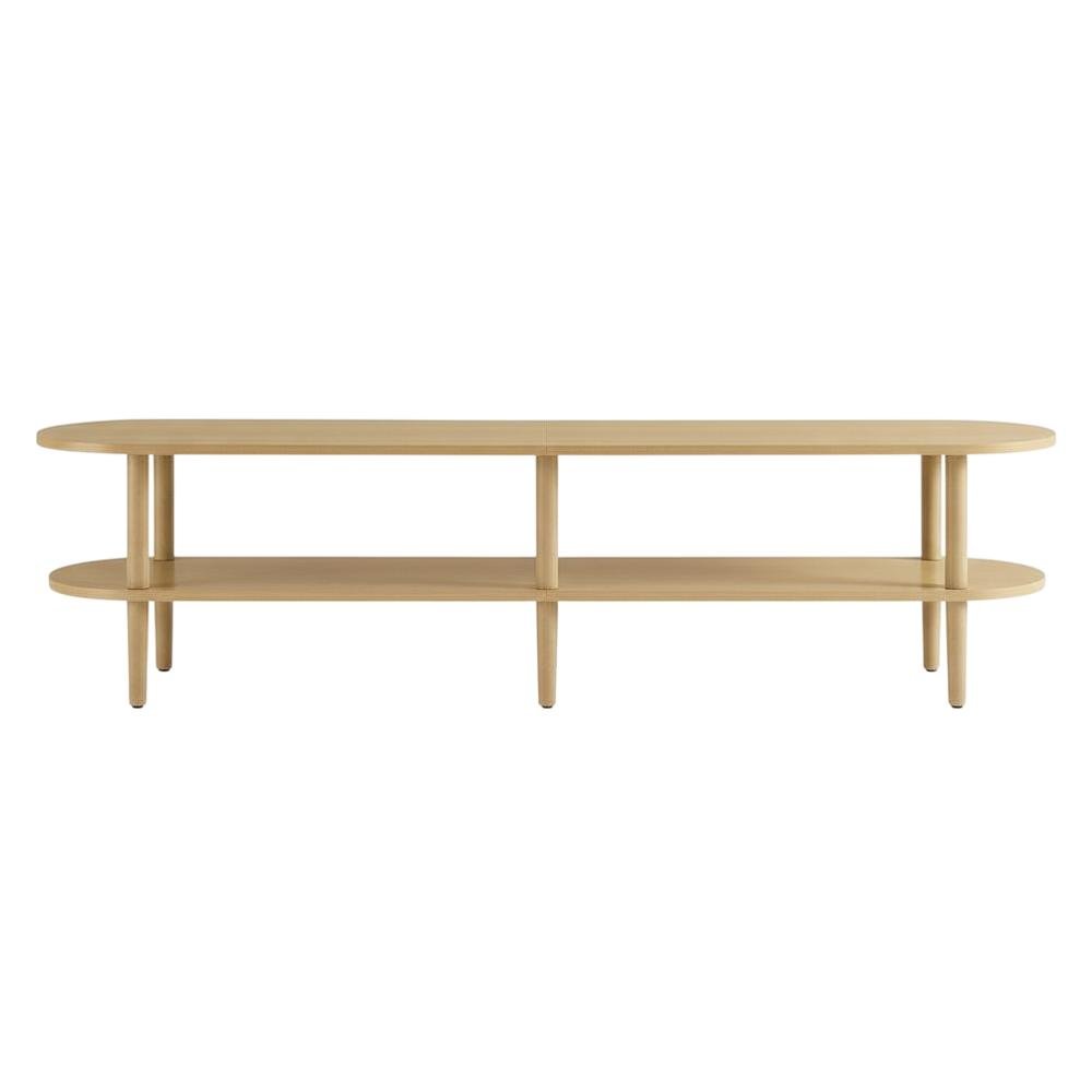 Brown wood TV stand with solid mango construction and oval design