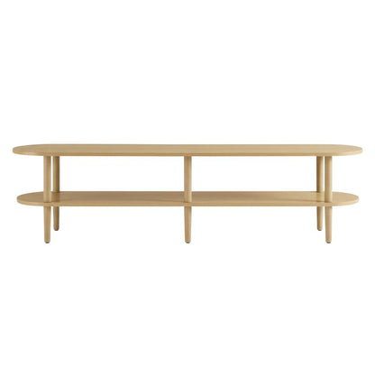 Brown wood TV stand with solid mango construction and oval design