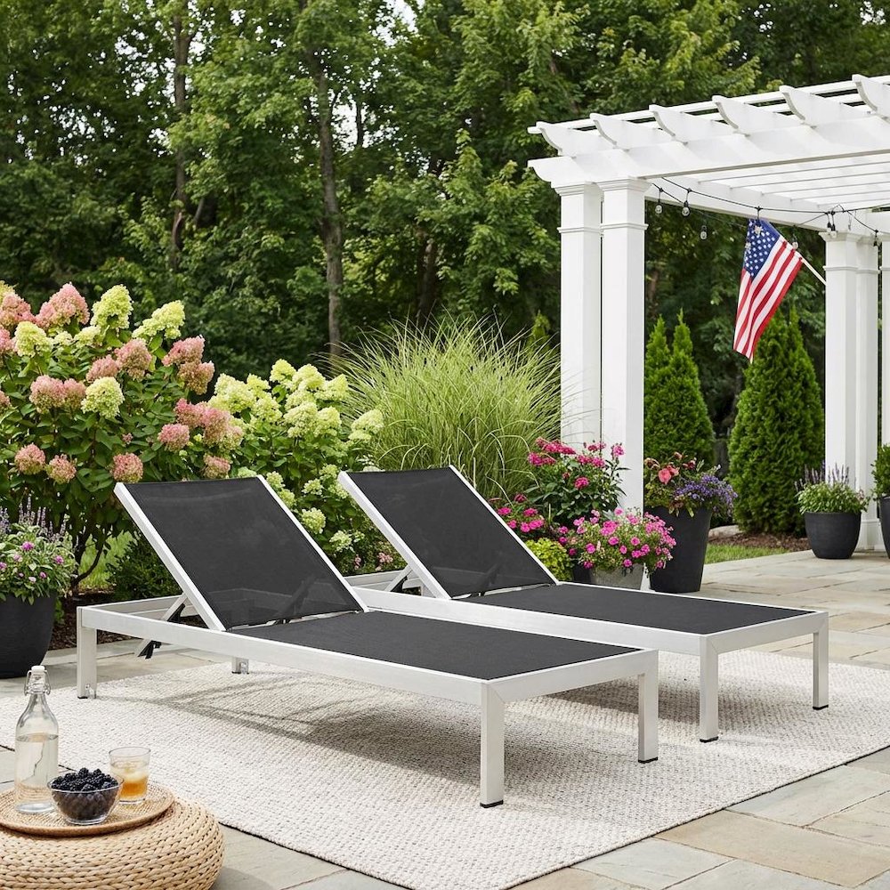 Outdoor Patio Aluminum Chaise Lounge Set Of 2 With Cushioned Seat Comfort