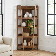 Brown corner bookshelf with spacious shelves and modern design