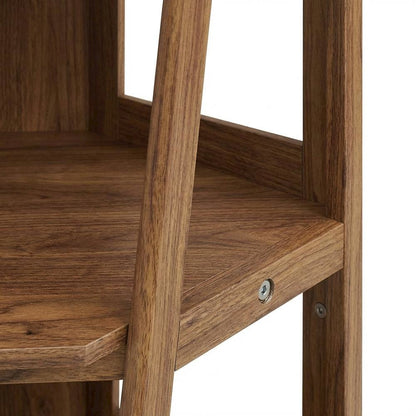 Brown corner bookshelf with spacious shelves and modern design