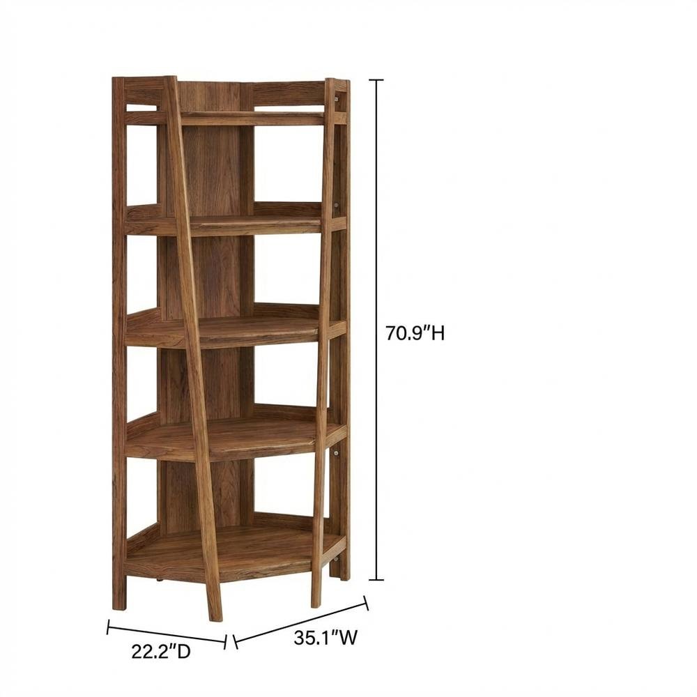 Brown corner bookshelf with spacious shelves and modern design