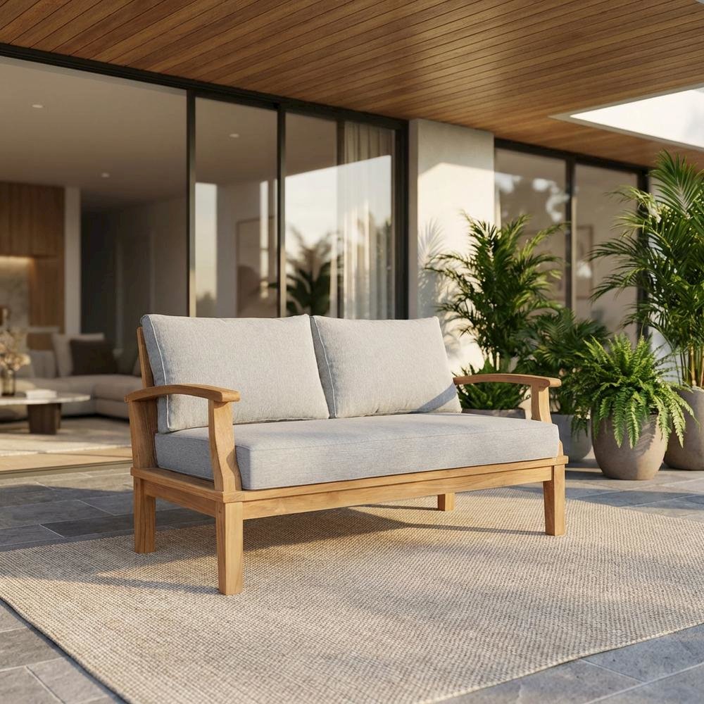 Teak Outdoor Left-Facing Sofa With Cushions And Armrests
