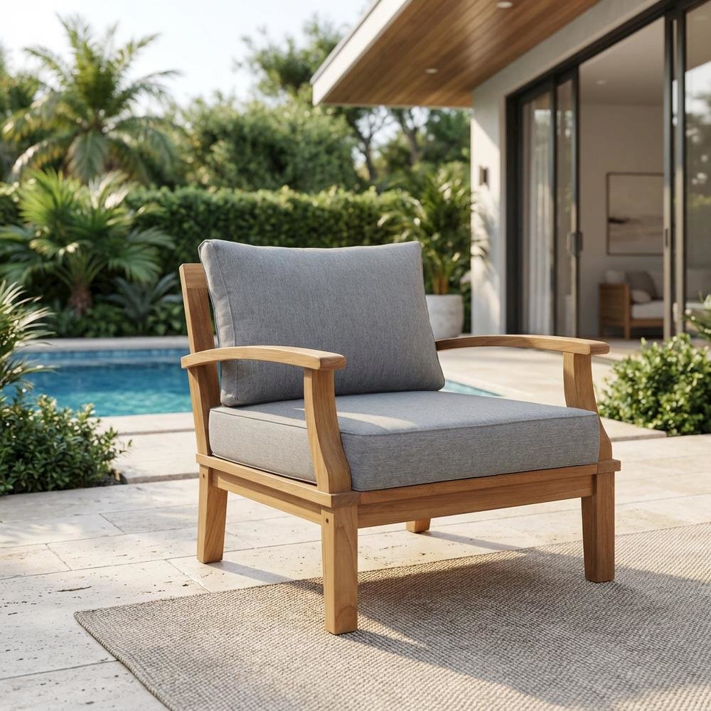 Outdoor Patio Teak Right-Facing Sofa With Cushioned Seat And Armrests
