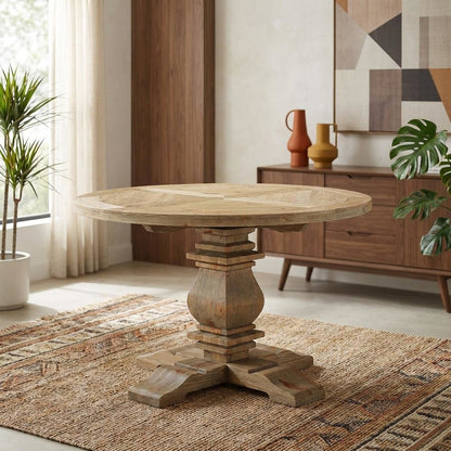 Brown Round Pine Wood Dining Table, Modern Farmhouse, Seats 4
