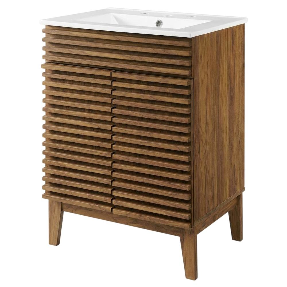 Walnut White 24-Inch Floor-Mount Bathroom Vanity with Ceramic Sink