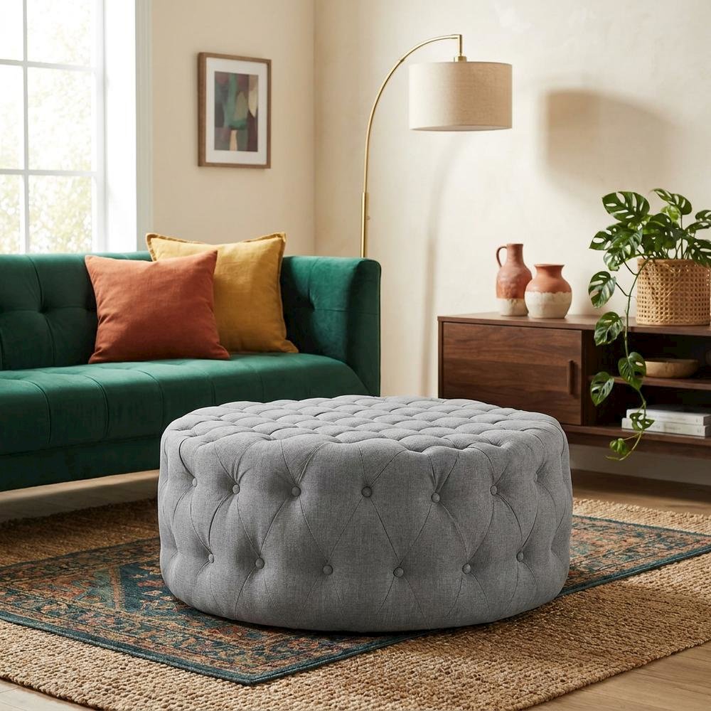 Light Gray Fabric Ottoman, Neutral Soft Upholstered Seat for Room