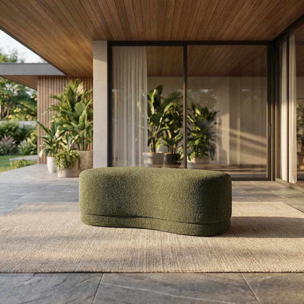 Outdoor Upholstered Ottoman Bench In Neutral Fabric For Patio Use