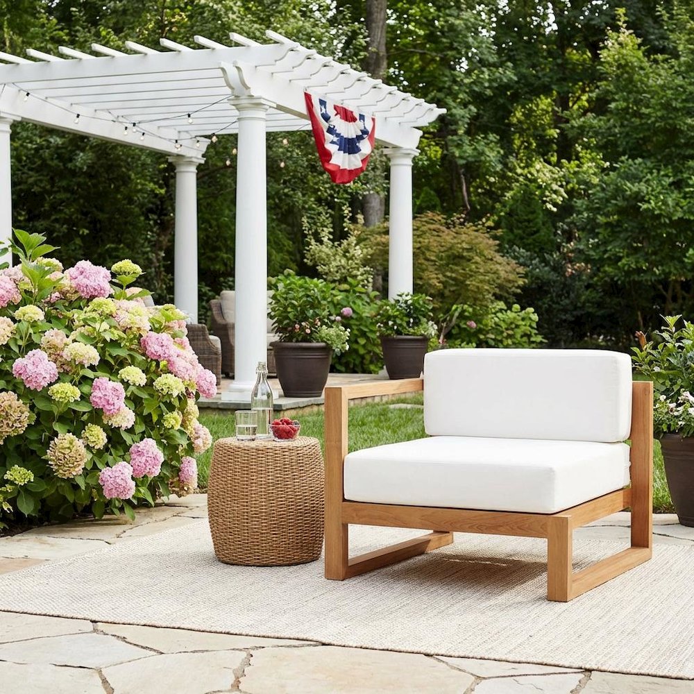Outdoor Patio Teak Wood Left-Arm Lounge Chair With Cushioned Seat, Durable Frame
