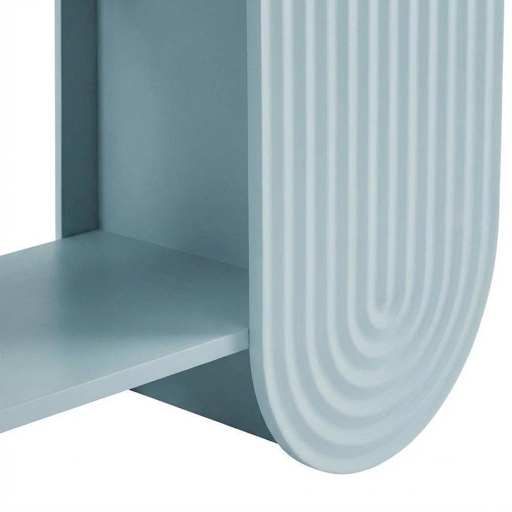 Blue arched bookshelf with spacious shelves and nylon textile finish