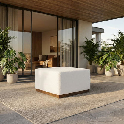 Square Boucle Upholstered Ottoman With Cushioned Top For Outdoor Lounge