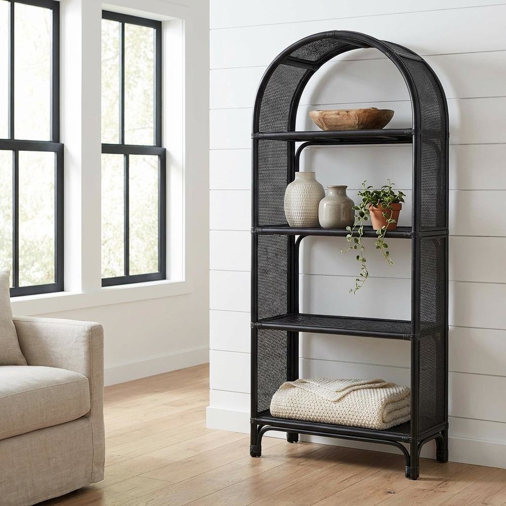 Black Arched Rattan Bookshelf with Slim Shelves and Natural Finish