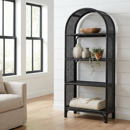 Black Arched Rattan Bookshelf with Slim Shelves and Natural Finish