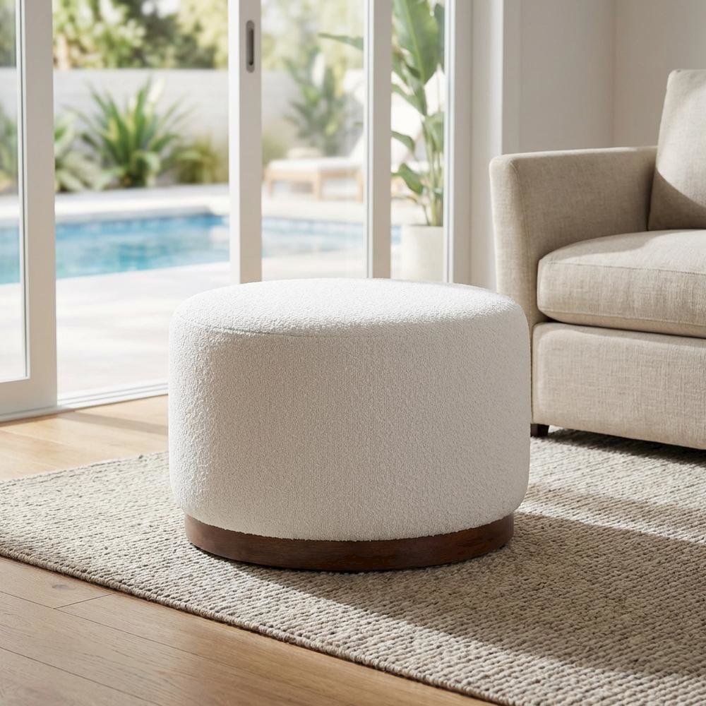Round Boucle Upholstered Ottoman For Outdoor Lounge And Seating