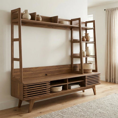 Brown Wood TV Stand Entertainment Center with Spacious Surface