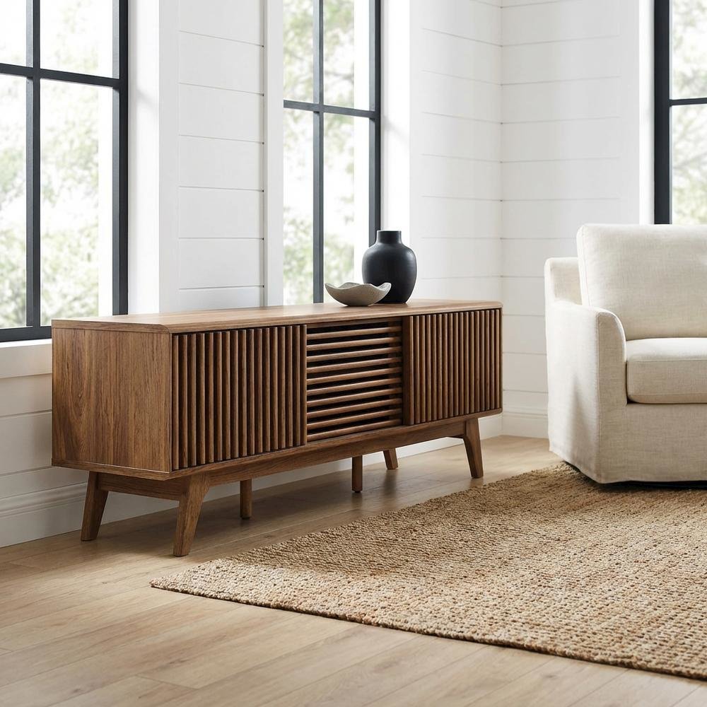Brown wood TV stand with sleek design and versatile storage solution