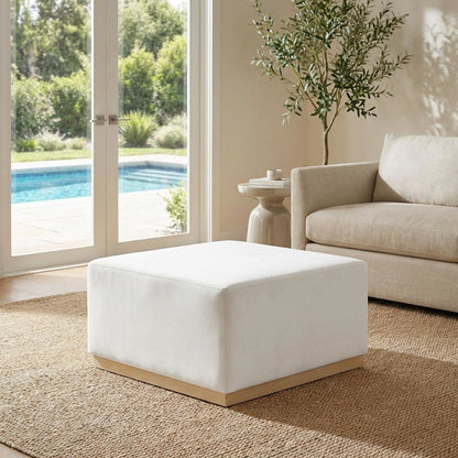 Square Performance Velvet Ottoman in Neutral Fabric for Outdoor Lounge