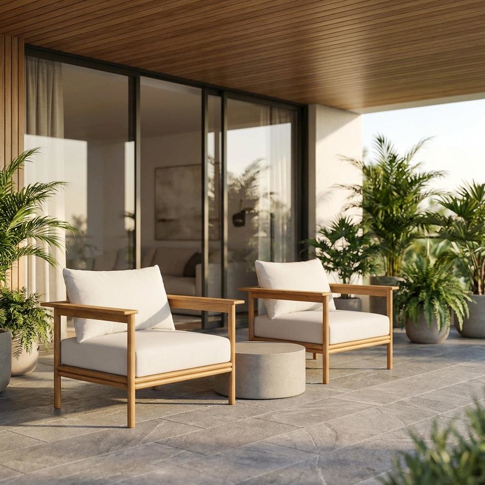 Set of 2 Outdoor Teak Wood Armchairs for Patio Lounge Comfort