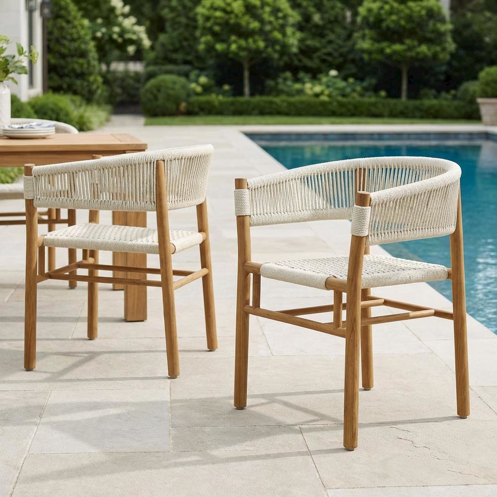 Outdoor Patio Teak, Curved-Back Dining Armchairs Set Of 2, Armrests, Stackable
