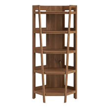 Brown corner bookshelf with spacious shelves and modern design