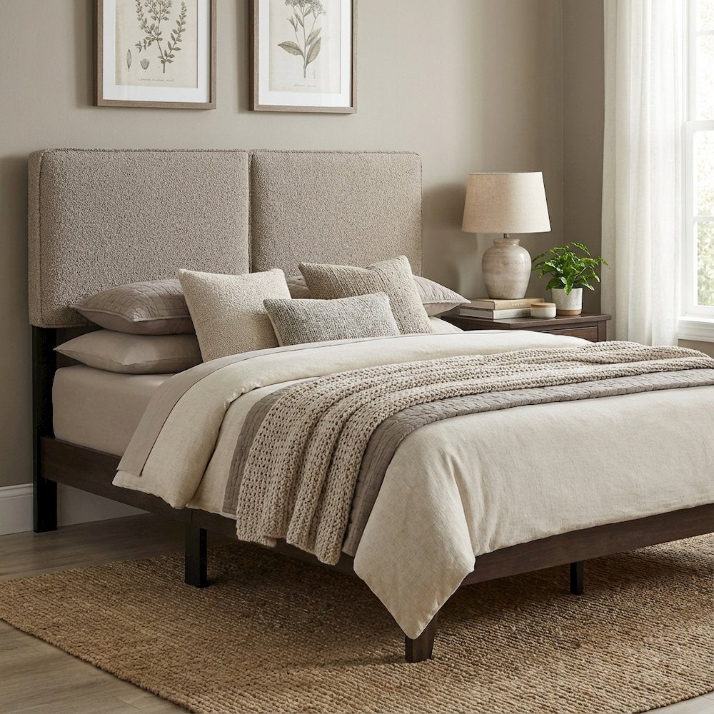 Boucle Fabric King Headboard in Soft Neutral, Padded Upholstery, Durable Frame