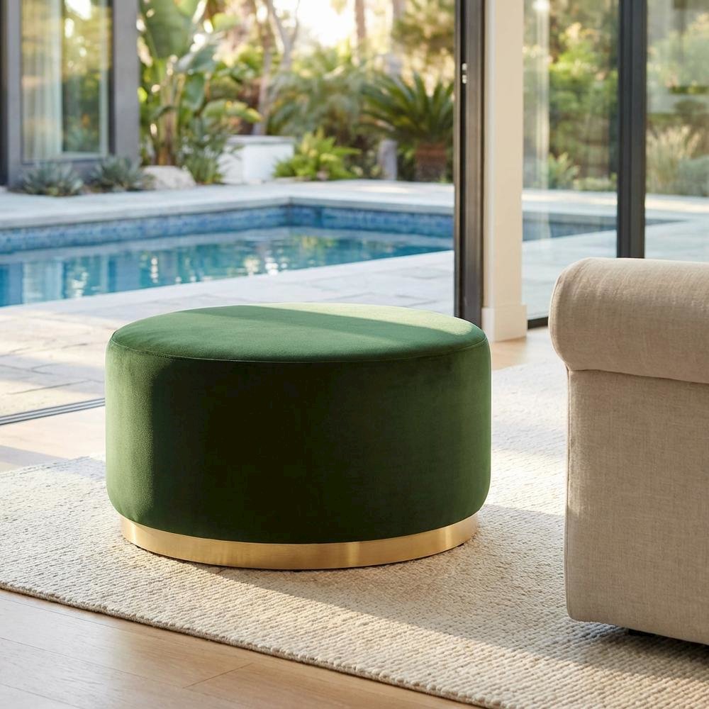 Performance velvet round ottoman with plush upholstery and modern design