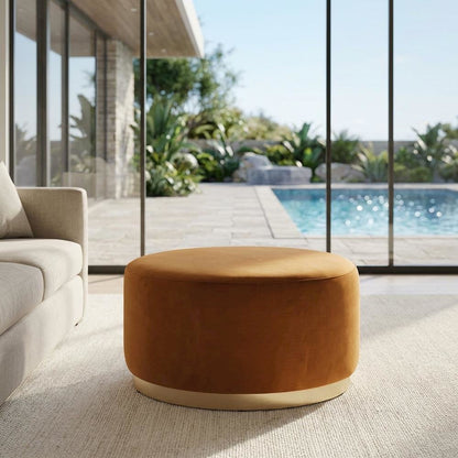 Performance velvet outdoor ottoman with round design and cushioned top