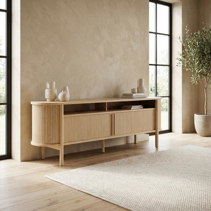 Wooden TV stand with brown finish and curved design for living room decor