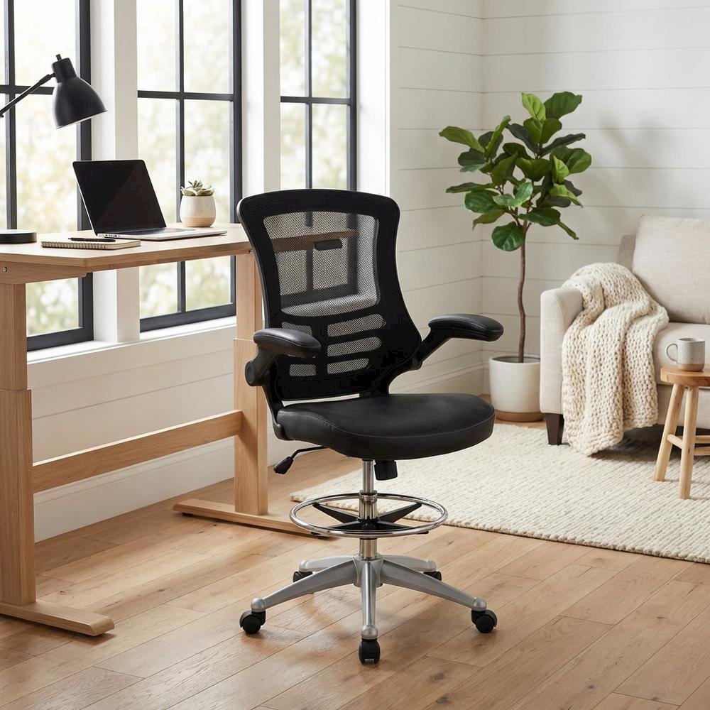Vinyl Drafting Chair with Armrests and Adjustable Height for Office Use