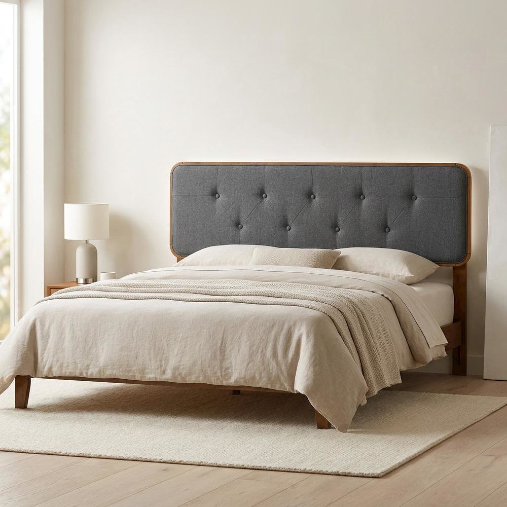 Tufted Fabric and Wood Queen Size Headboard with Storage, Walnut Charcoal
