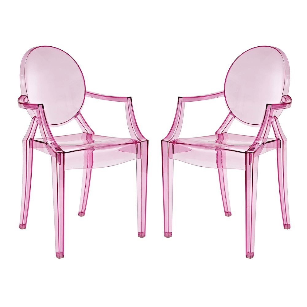 Acrylic High-Back Dining Armchairs with Arms, Pink, Set of 2