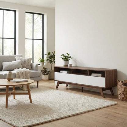Wooden TV Stand in Brown with Spacious Storage and Sturdy Design