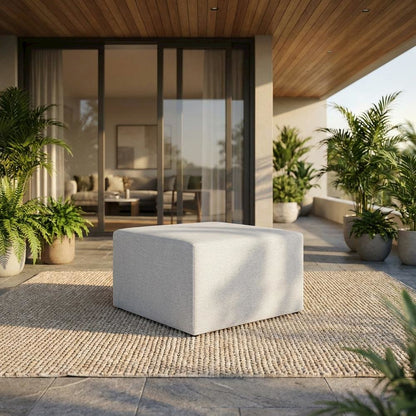 Square woven fabric ottoman with cushioned top, outdoor durable design