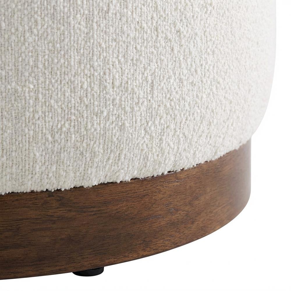 Dark beige boucle upholstered outdoor ottoman, versatile design, compact size
