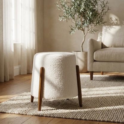 Outdoor ottoman with upholstered boucle fabric, stylish seat, square design