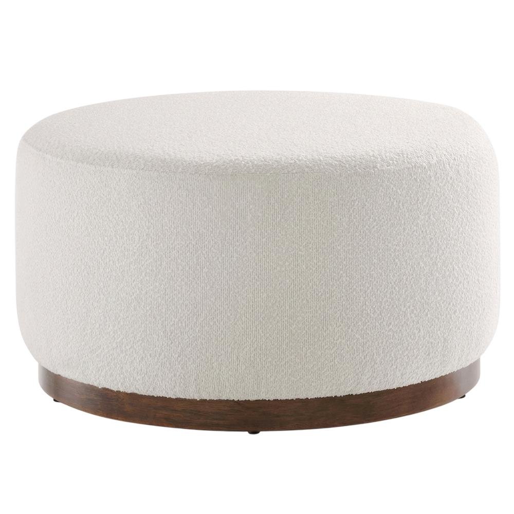 Dark beige boucle upholstered outdoor ottoman, versatile design, compact size