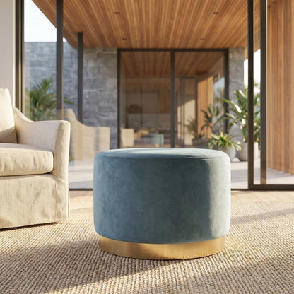 Round performance velvet ottoman with plush upholstery and versatile design
