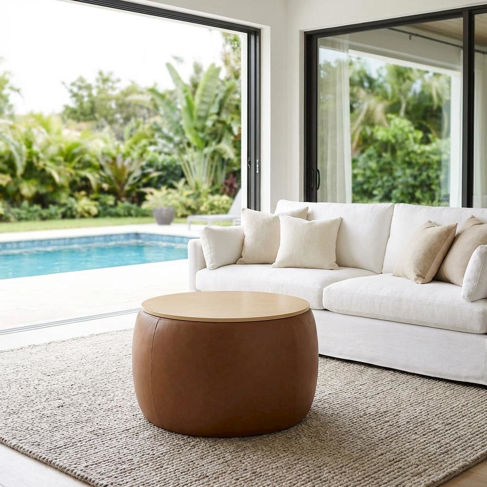 Vegan Leather Storage Ottoman, Neutral Color with Spacious Seat, Durable